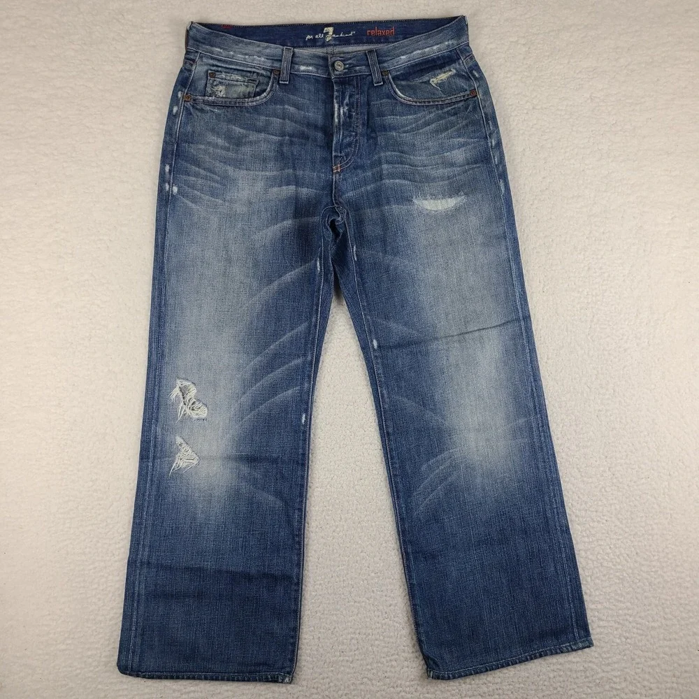 7 For‎ All Mankind Jeans Mens 33x28 Blue Relaxed Fit Button Fly Denim HEMMED